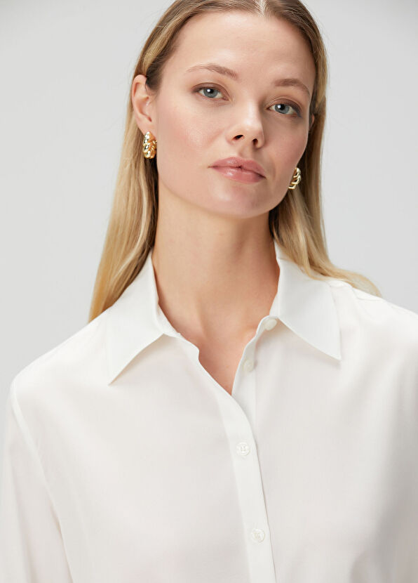 Kırık Beyaz Klasik İpek Gömlek - Görsel 4