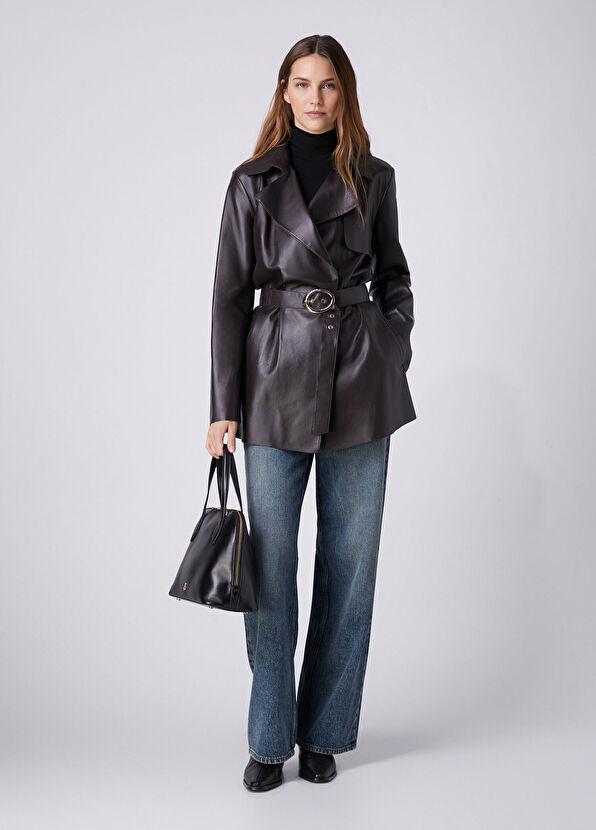 Beymen Club Plum Short Leather Trench Coat - 3