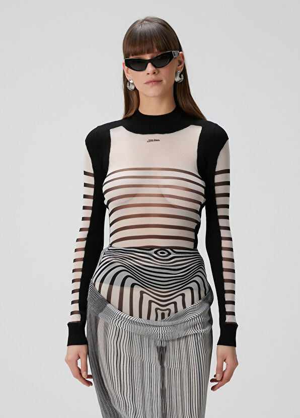 Jean Paul Gaultier Mariniere Siyah Beyaz Tül Triko Bluz - 1
