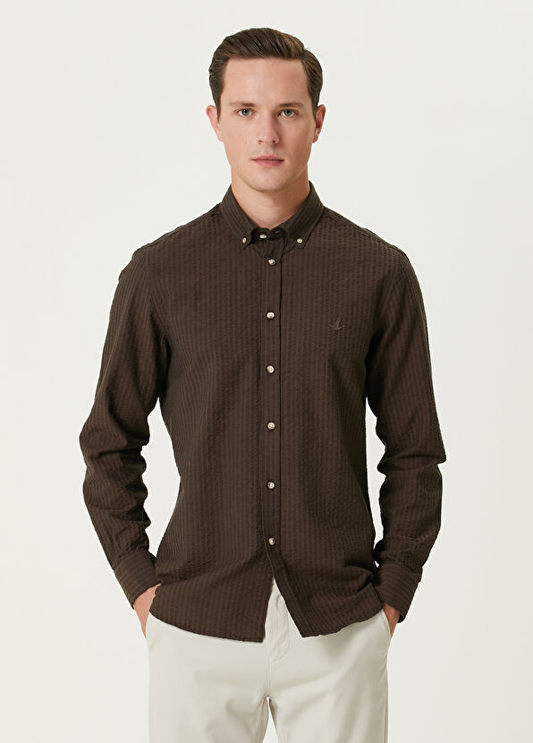 Slim Fit Dark Brown Embossed Textured Shirt Beymen Club Slim Fit Dark Brown Embossed Textured Shirt - 1