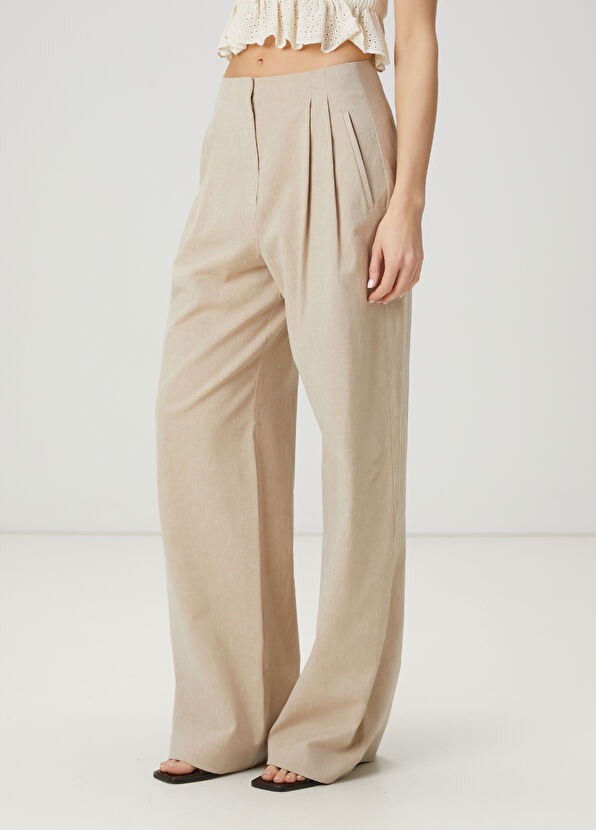 Beymen Club Bej Çift Pilili Keten Pantolon - 3