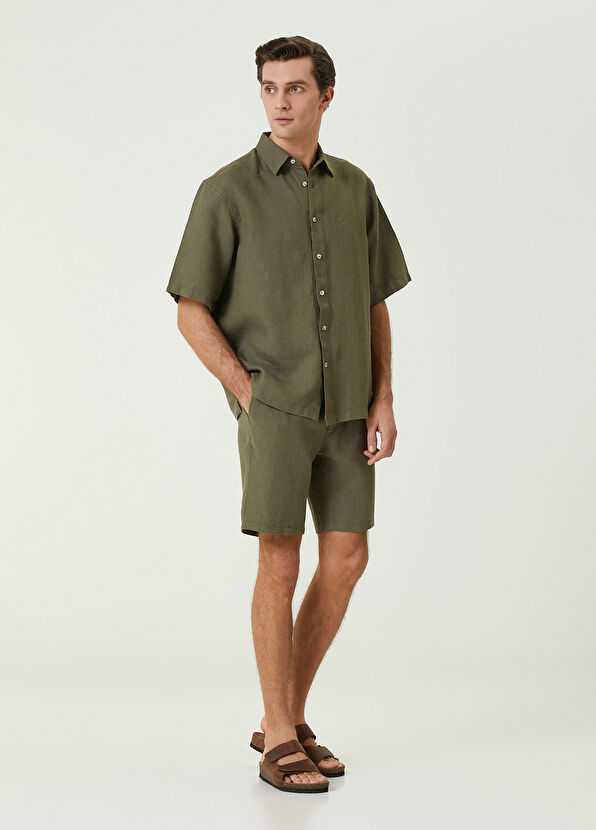 Beymen Club Comfort Fit Haki Kısa Kollu Keten Gömlek - 3