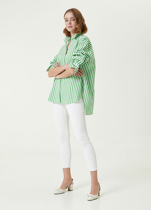 Beymen Club Yeşil Çizgi Desenli Uzun Poplin Gömlek - 2