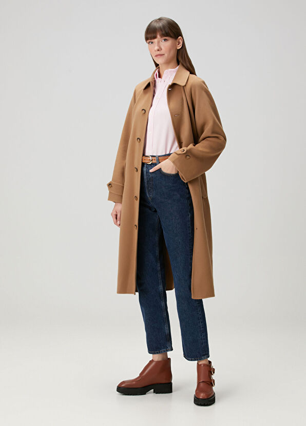 Kamel Beli Kemerli Yün Palto - Görsel 3