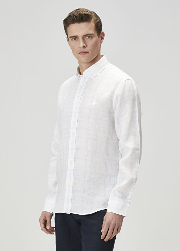 Beymen Club Comfort Fit Blue White Plaid Patterned Linen Shirt - 4