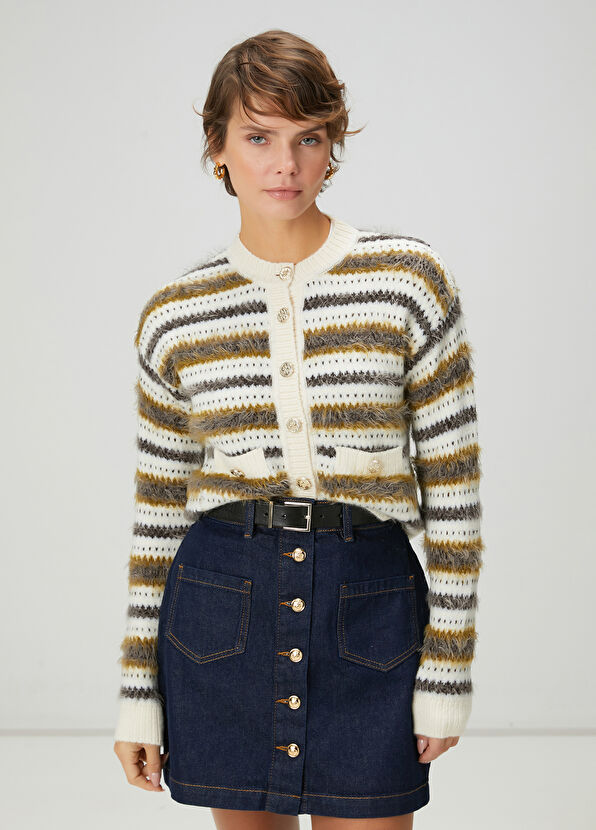 Beymen Club Krem Çizgili Yün Hırka - 1