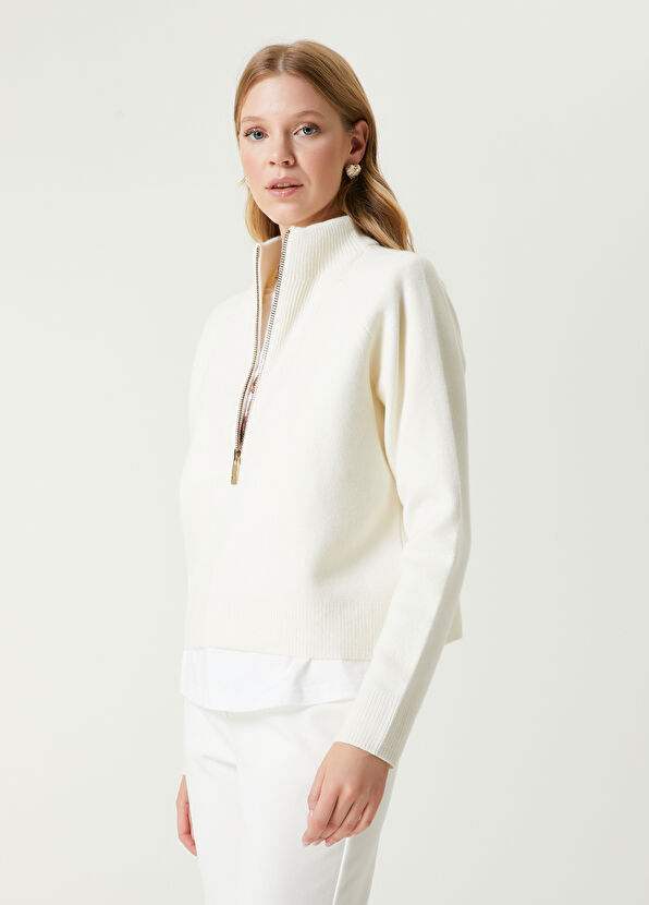 Beyaz Fermuarlı Yün Kazak Beymen Club Beyaz Fermuarlı Yün Kazak - 1