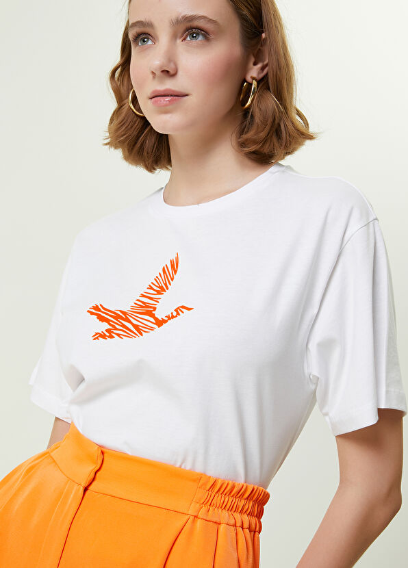 Beymen Club Beyaz Neon Turuncu Karalama Kuş Baskılı T-shirt - 2