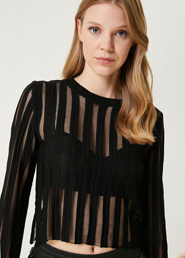 Beymen Club Black Transparent Striped Crop Sweater - 2
