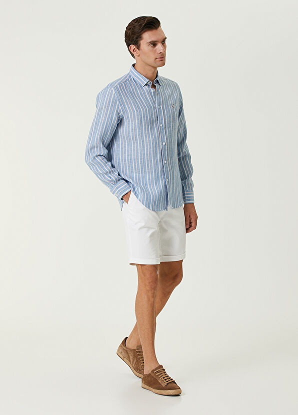 Beymen Club Comfort Fit Mavi Çizgi Desenli Keten Gömlek - 3