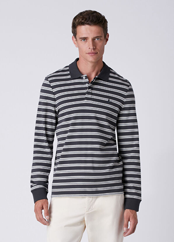 Beymen Club Comfort Fit Antrasit Polo Yaka Çizgili Sweatshirt - 1
