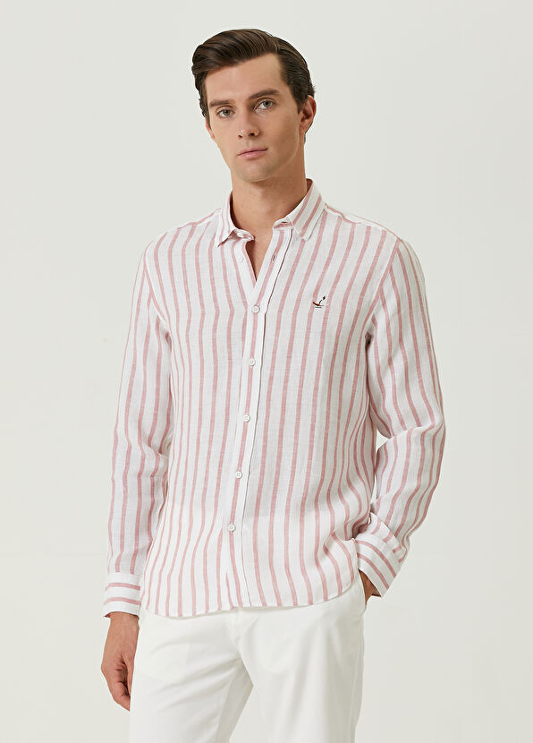 Beymen Club Slim Fit Dark Pink Thick Striped Linen Shirt - 4