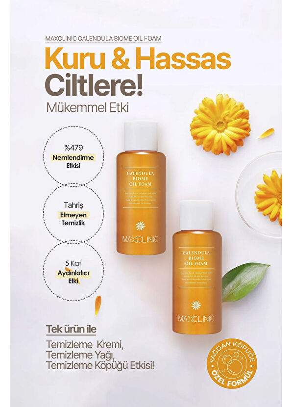 Maxclinic Hassas Ciltler İçin Çift Aşamalı Temizlik Sağlayan Calendula Biome Oil Foam Makyaj Temizleyici 60 gr - 3