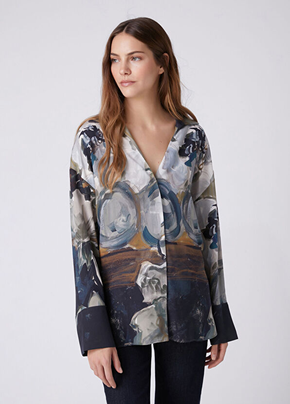 Beymen Club Petrol Smokey Floral Desenli İpek Gömlek - 4