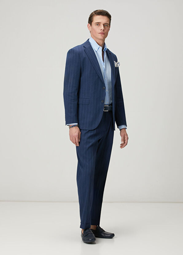 Beymen Club Navy Blue Striped Patterned Linen Suit - 3