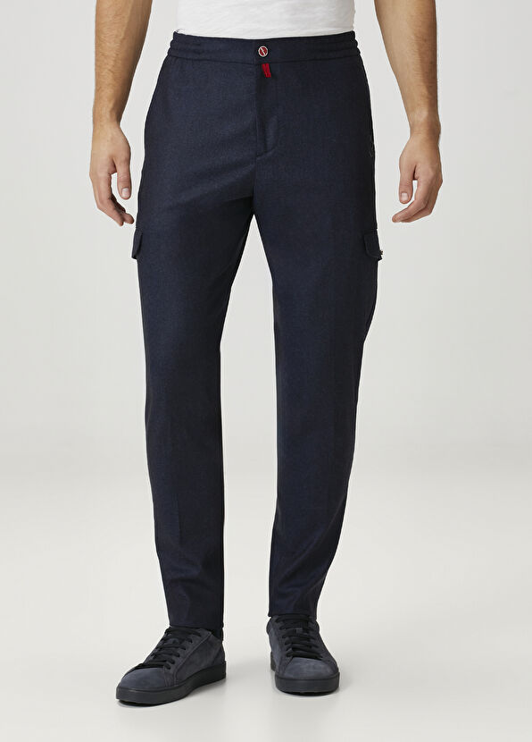 Mavi Beli Kordonlu Yün Jean Kargo Pantolon - Görsel 4