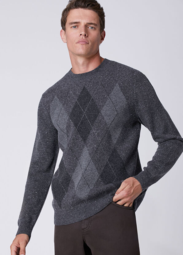 Beymen Club Anthracite Diamond Patterned Wool Sweater - 4