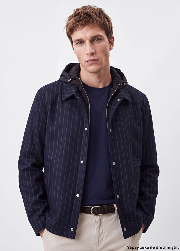Beymen Club Navy Blue Hooded Stripe Print Outer Shirt - 1
