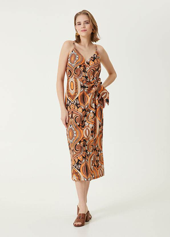 Beymen Club Kahverengi Desenli Midi Keten Anvelop Elbise - 3