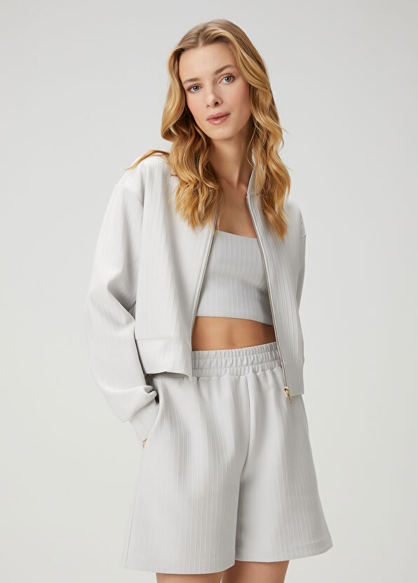 Beymen Club Light Grey Line Textured Bomber Form Sweatshirt - 4