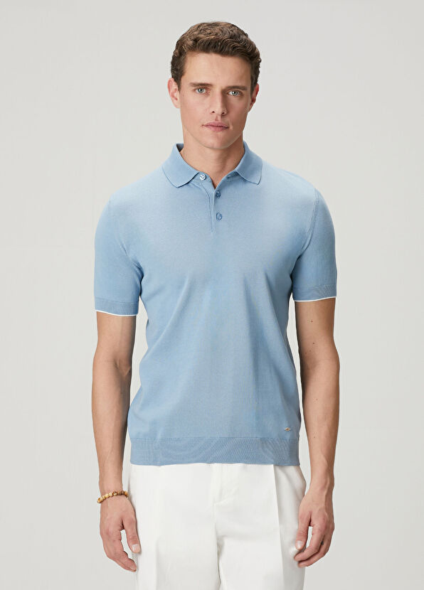 Beymen Club Blue Plain Knit Basic Short Sleeve Knitwear Polo - 4