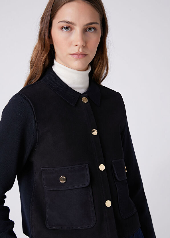 Beymen Club Navy Blue Suede Inserted Wool Knit Jacket - 2