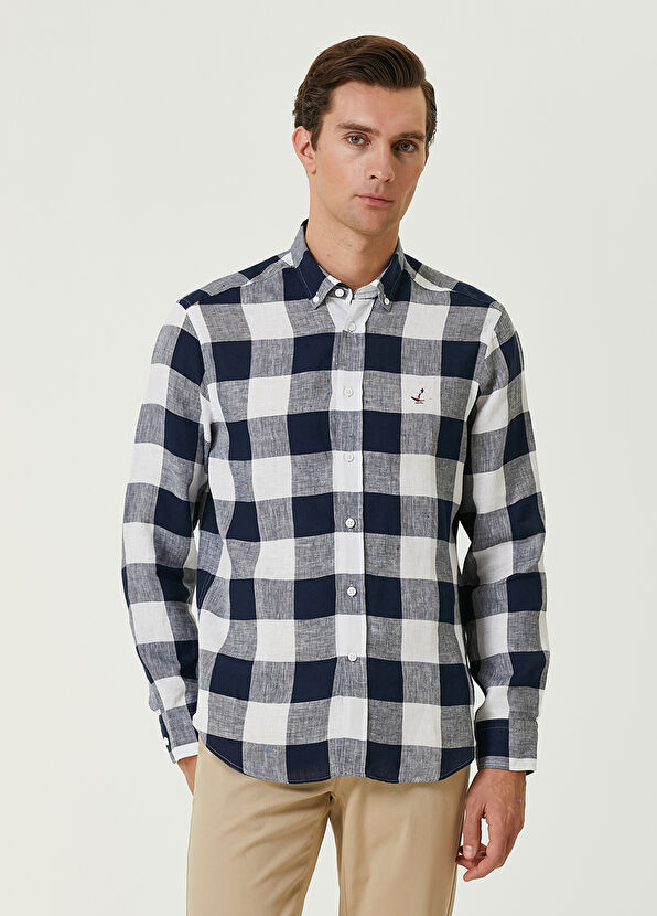 Beymen Club Comfort Fit Lacivert Ekose Desenli Keten Gömlek - 1