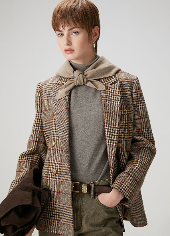 Beymen Club Kahverengi Ekoseli Kruvaze Ceket - 1