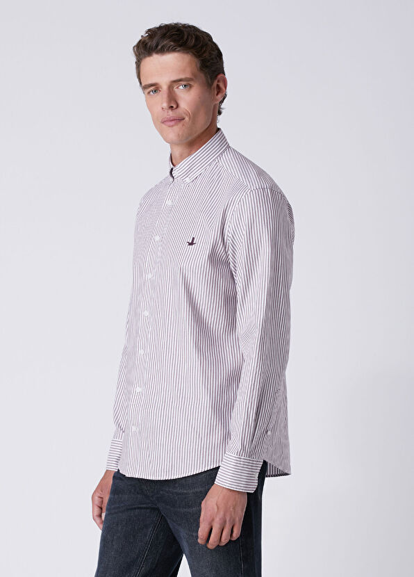 Beymen Club Comfort Fit White Burgundy Striped Oxford Shirt - 4