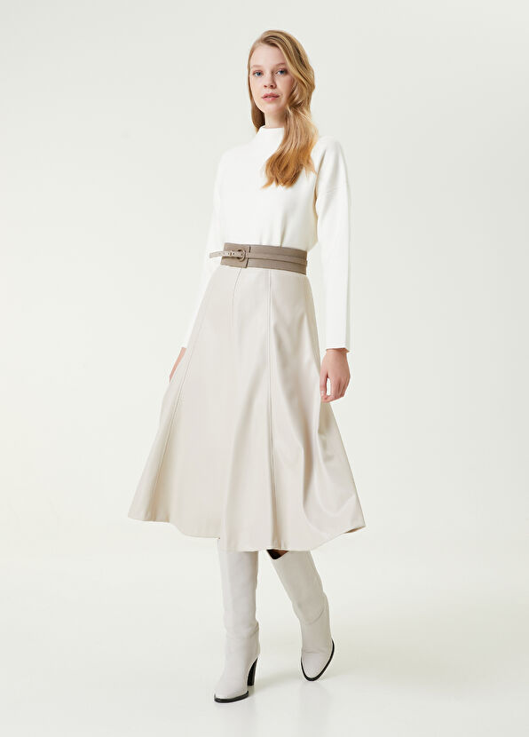 Beymen Club Bej Midi Suni Deri Evaze Etek - 1