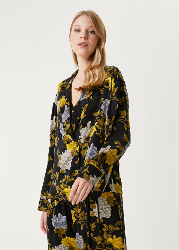 Beymen Club Siyah Çiçekli Kruvaze Pijama Gömlek - 4