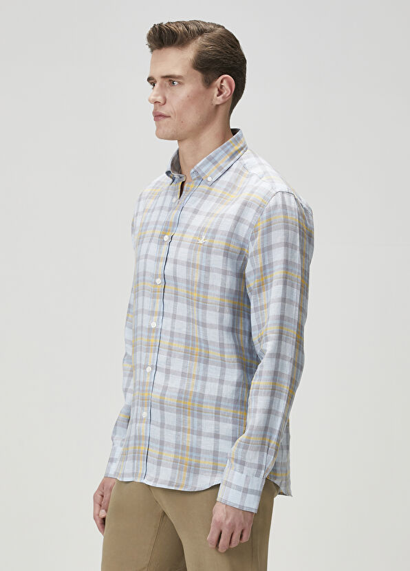 Beymen Club Comfort Fit Gri Mavi Ekose Desenli Keten Gömlek - 4