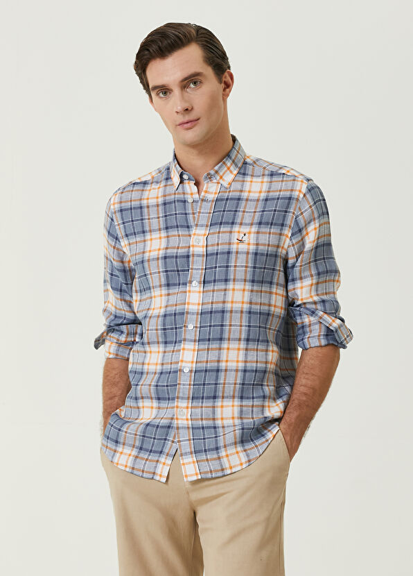 Beymen Club Blue Orange Plaid Linen Shirt With Line Detail - 1
