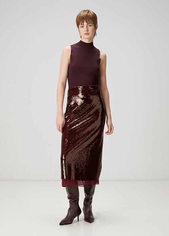 Beymen Club Burgundy Sequined Midi Evening Skirt - 2
