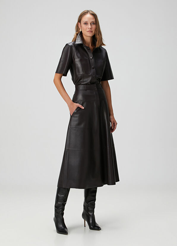 Mürdüm Midi Deri Etek - Görsel 4