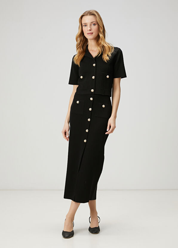 Beymen Club Black Gold Button Detailed Midi Knit Skirt - 2