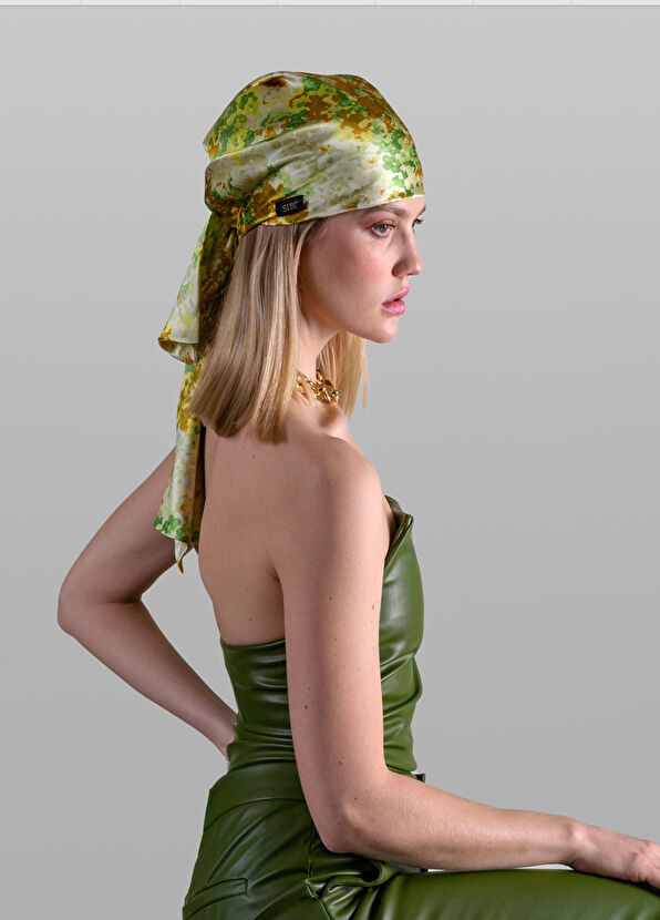 Sibi Hats Blossom Desenli Yeşil İpek Kadın Bandana - 2