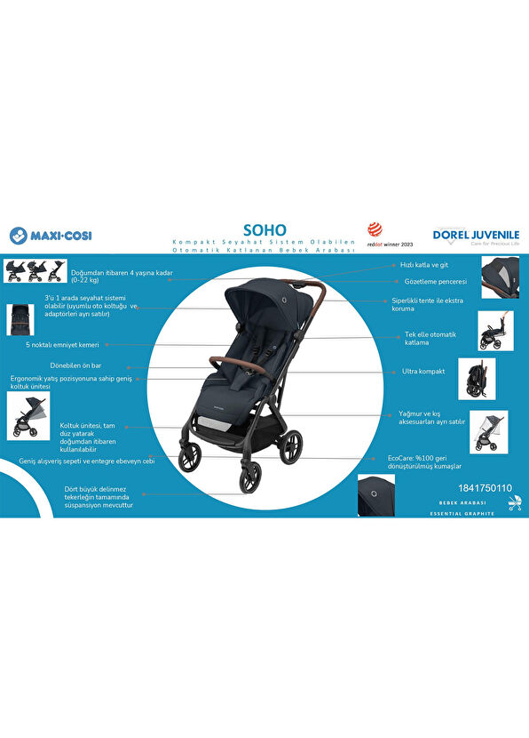 Maxi-Cosi Soho Essential Green Otomatik Katlanan Kompakt Seyahat Sistem Olabilen Bebek Arabası - 4