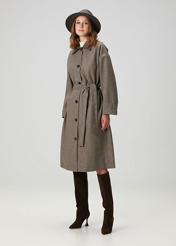 Kahverengi Yün Karışımlı Garnili Palto - Görsel 5