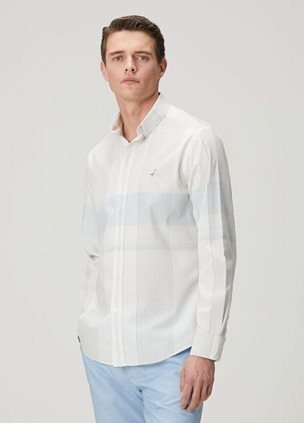 Beymen Club White Blue Patterned Regular Fit Cotton Shirt - 4