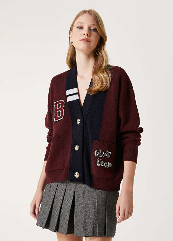 Beymen Club Burgundy Crystal Logo Wool College Cardigan - 1
