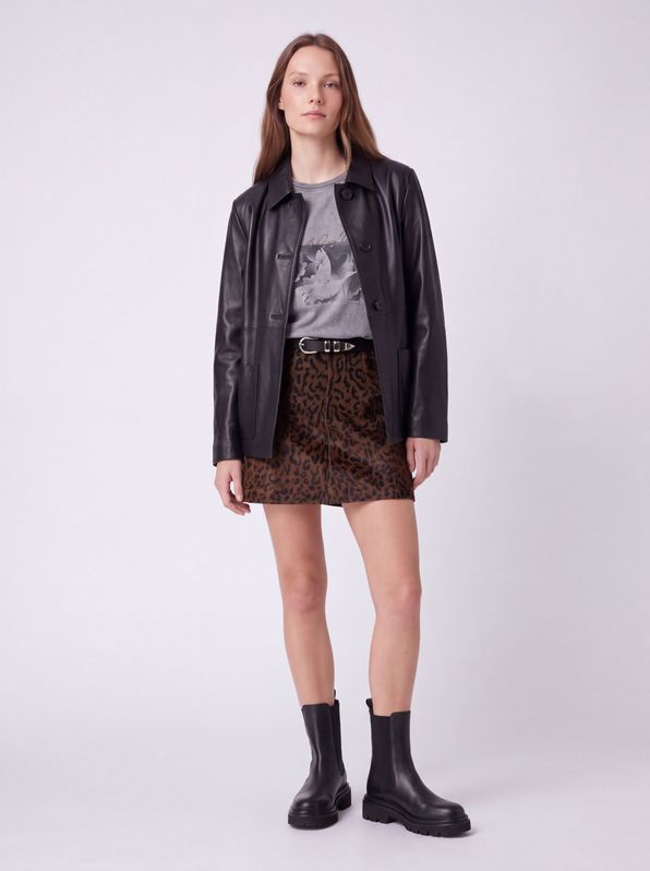Beymen Club Dark Brown Leopard Foal Feather Mini Leather Skirt - 1