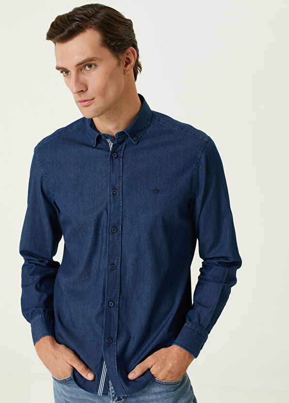 Comfort Fit Dark Blue Denim Shirt Beymen Club Comfort Fit Dark Blue Denim Shirt - 2