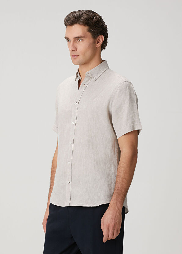 Beymen Club Comfort Fit Bej Kısa Kollu Keten Gömlek - 4