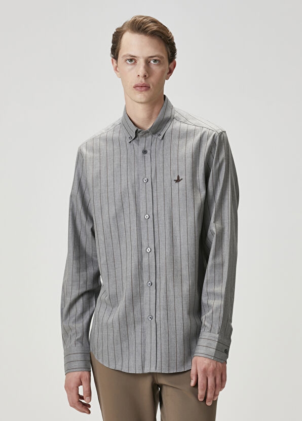 Beymen Club Comfort Fit Kahverengi Gri Çizgili Gömlek - 1