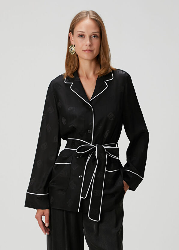 Siyah Logo Jakarlı İpek Gömlek - Görsel 3