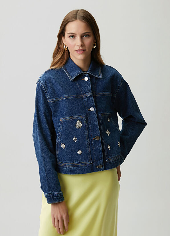 Beymen Club Indigo Embellished Boxy Denim Jacket - 4