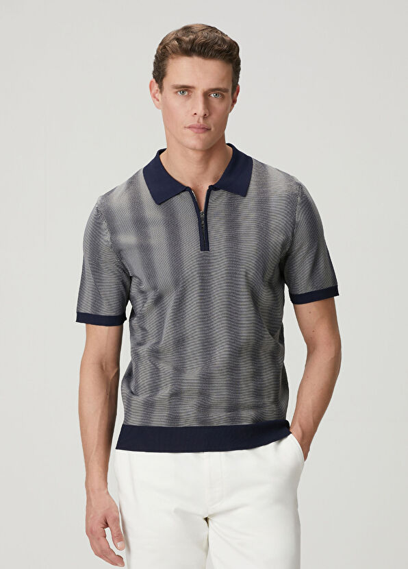 Beymen Club Lacivert Dağınık Çizgili Kısa Kollu Polo Triko - 1