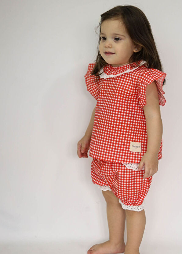 Totzee Kırmızı Beyaz Mini Ekose Fisto Yaka Fırfırlı Kız Bebek Bluz - 2