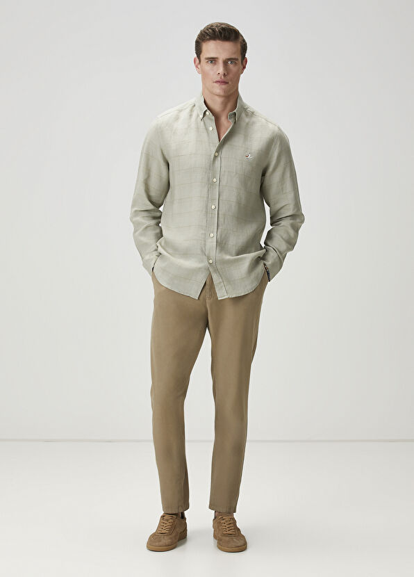 Beymen Club Comfort Fit Light Khaki Plaid Pattern Linen Shirt - 3